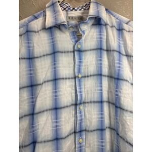 Jack Stone Thomas Dean Mens Blue White‎ Plaid Long Sleeve Button Down Shirt